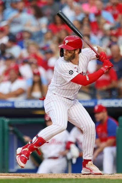 Bryce Harper of the Philadelphia Phillies in action against the Washington Nationals at Citizens Bank Park on July 26, 2021 in Philadelphia,...