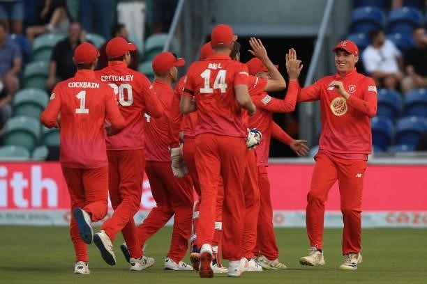 Welsh Fire celebrate a wicket during The Hundred match between Welsh Fire and Southern Brave at Sophia Gardens on July 27, 2021 in Cardiff, Wales.