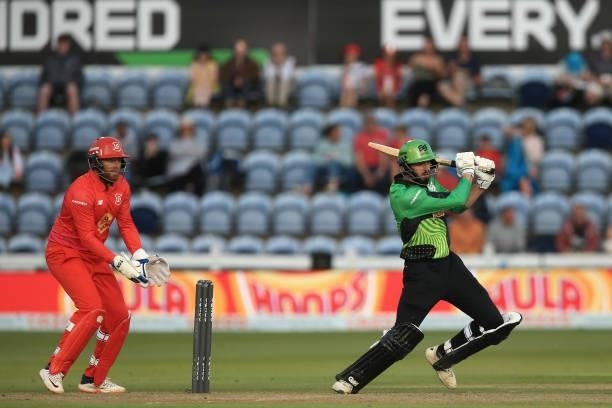 James Vince of Southern Brave batting as Jonny Bairstow of Welsh Fire looks on during The Hundred match between Welsh Fire and Southern Brave at...