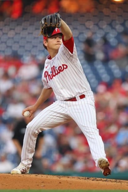 Spencer Howard of the Philadelphia Phillies in action against the Washington Nationals at Citizens Bank Park on July 26, 2021 in Philadelphia,...