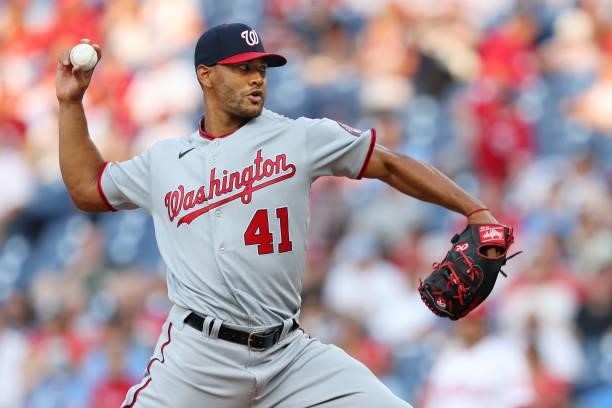 Joe Ross of the Washington Nationals in action against the Philadelphia Phillies at Citizens Bank Park on July 26, 2021 in Philadelphia,...