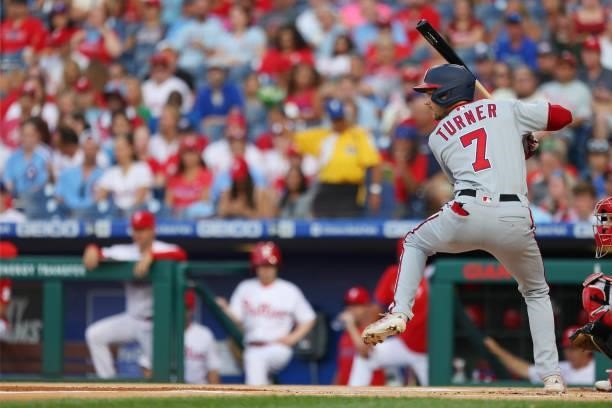 Trea Turner of the Washington Nationals in action against the Philadelphia Phillies at Citizens Bank Park on July 26, 2021 in Philadelphia,...