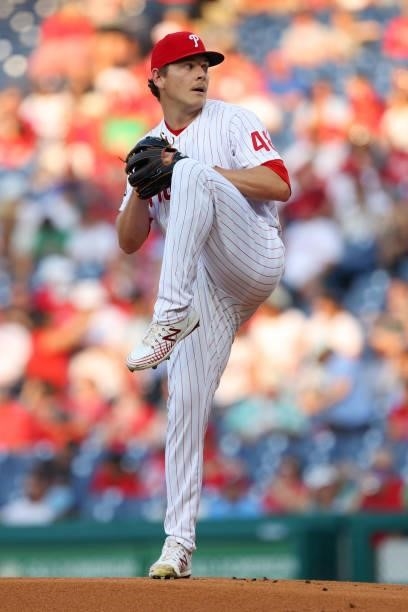 Spencer Howard of the Philadelphia Phillies in action against the Washington Nationals at Citizens Bank Park on July 26, 2021 in Philadelphia,...