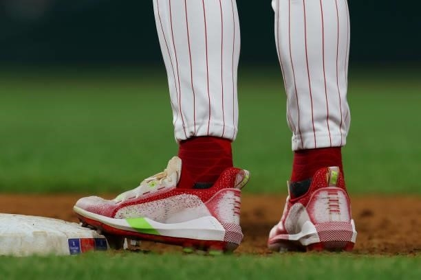 The Under Armour shoes worn by Bryce Harper of the Philadelphia Phillies in action against the Washington Nationals at Citizens Bank Park on July 26,...