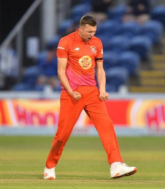 Jake Ball of Welsh Fire celebrates after getting Devon Conway of Southern Brave out during The Hundred match between Welsh Fire Men and Southern...