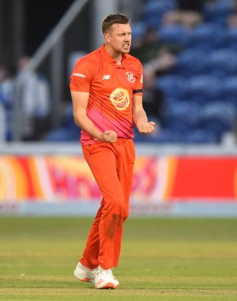 Jake Ball of Welsh Fire celebrates after getting Devon Conway of Southern Brave out during The Hundred match between Welsh Fire Men and Southern...