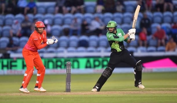 James Vince of Southern Brave bats during The Hundred match between Welsh Fire Men and Southern Brave Men at Sophia Gardens on July 27, 2021 in...