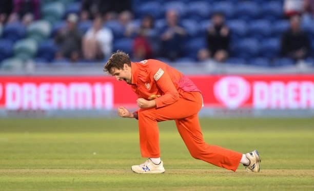 Matt Critchley of Welsh Fire celebrates after getting Colin de Grandhomme of Southern Brave out during The Hundred match between Welsh Fire Men and...