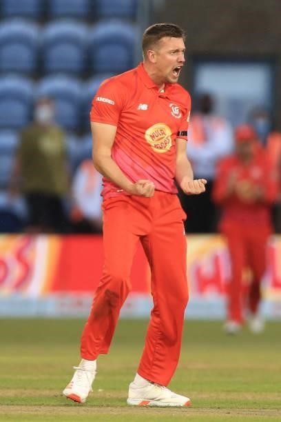 Jake Ball of Welsh Fire celebrates a wicket during The Hundred match between Welsh Fire and Southern Brave at Sophia Gardens on July 27, 2021 in...