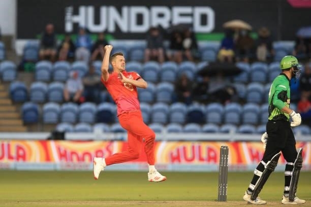 Jake Ball of Welsh Fire bowls during The Hundred match between Welsh Fire and Southern Brave at Sophia Gardens on July 27, 2021 in Cardiff, Wales.