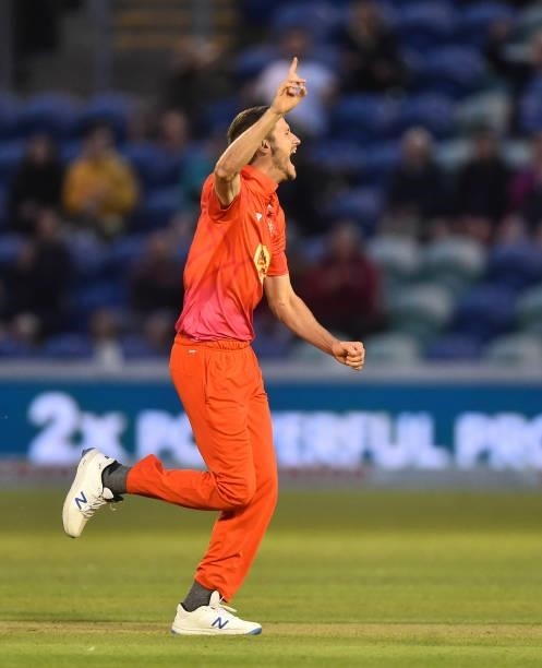 David Payne of Welsh celebrates after getting Alex Davies of Southern Brave out during The Hundred match between Welsh Fire Men and Southern Brave...