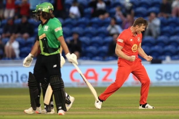 Jimmy Neesham of Welsh Fire celebeates during The Hundred match between Welsh Fire and Southern Brave at Sophia Gardens on July 27, 2021 in Cardiff,...