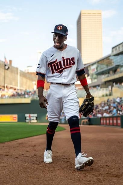Nick Gordon of the Minnesota Twins looks on against the Los Angeles Angels on July 23, 2021 at Target Field in Minneapolis, Minnesota.