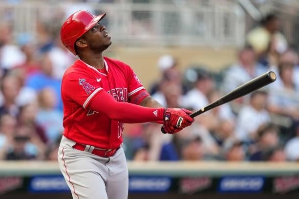 Justin Upton of the Los Angeles Angels bats against the Minnesota Twins on July 23, 2021 at Target Field in Minneapolis, Minnesota.