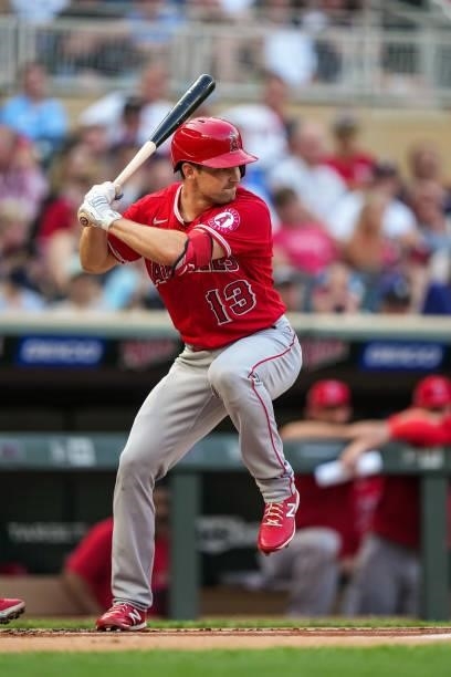 Phil Gosselin of the Los Angeles Angels bats against the Minnesota Twins on July 23, 2021 at Target Field in Minneapolis, Minnesota.