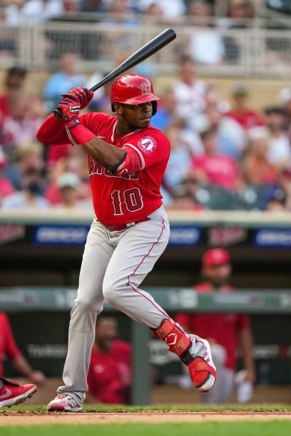 Justin Upton of the Los Angeles Angels bats against the Minnesota Twins on July 23, 2021 at Target Field in Minneapolis, Minnesota.