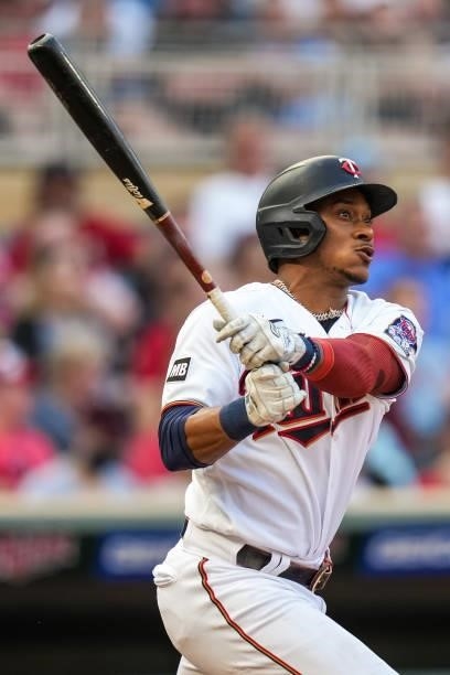 Jorge Polanco of the Minnesota Twins bats against the Los Angeles Angels on July 23, 2021 at Target Field in Minneapolis, Minnesota.