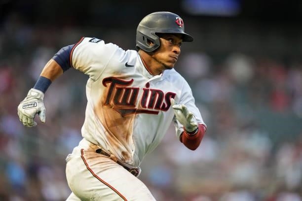 Jorge Polanco of the Minnesota Twins runs against the Los Angeles Angels on July 23, 2021 at Target Field in Minneapolis, Minnesota.