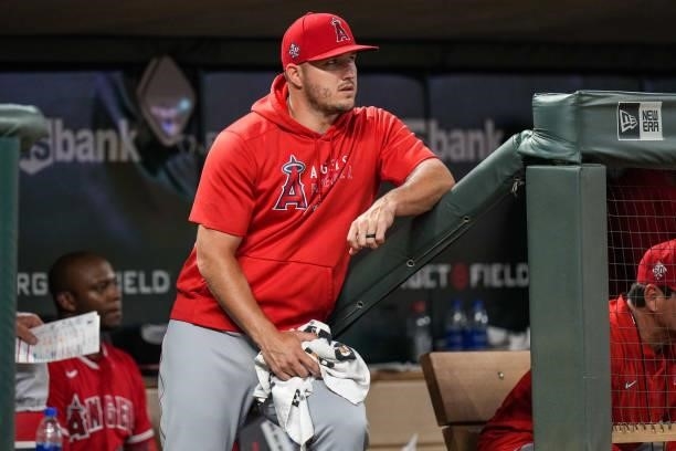 Mike Trout of the Los Angeles Angels looks on against the Minnesota Twins on July 23, 2021 at Target Field in Minneapolis, Minnesota.