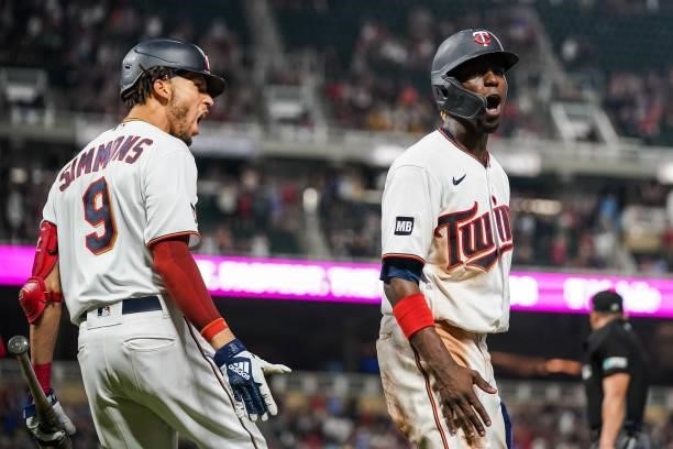 Nick Gordon of the Minnesota Twins celebrates with Andrelton Simmons against the Los Angeles Angels on July 23, 2021 at Target Field in Minneapolis,...