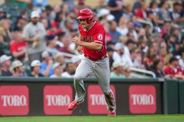 Phil Gosselin of the Los Angeles Angels runs against the Minnesota Twins on July 23, 2021 at Target Field in Minneapolis, Minnesota.