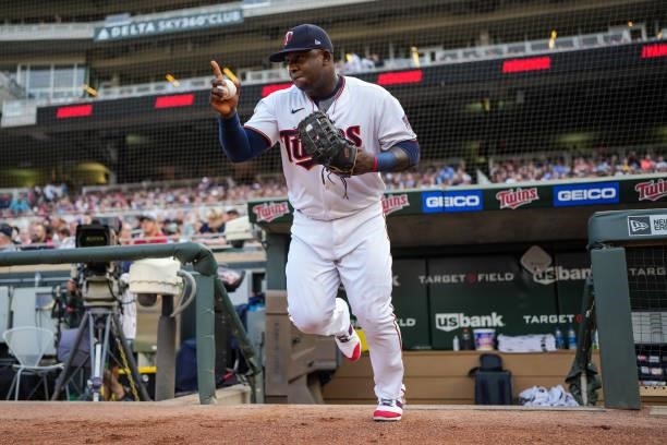 Miguel Sano of the Minnesota Twins looks on against the Los Angeles Angels on July 23, 2021 at Target Field in Minneapolis, Minnesota.