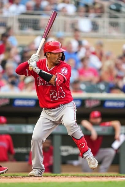 Kurt Suzuki of the Los Angeles Angels bats against the Minnesota Twins on July 23, 2021 at Target Field in Minneapolis, Minnesota.