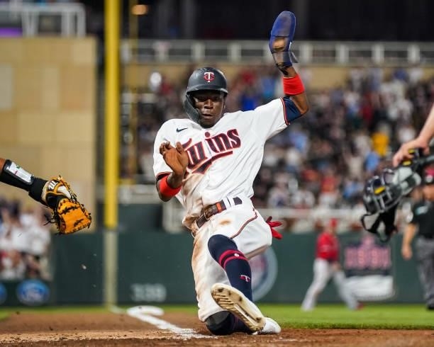 Nick Gordon of the Minnesota Twins slides against the Los Angeles Angels on July 23, 2021 at Target Field in Minneapolis, Minnesota.