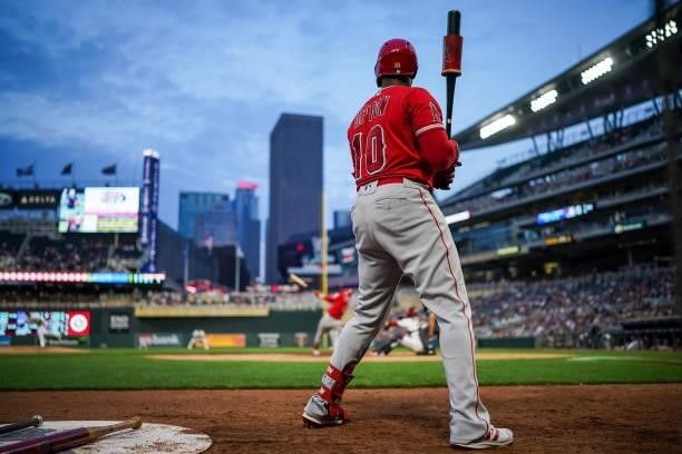 Justin Upton of the Los Angeles Angels looks on against the Minnesota Twins on July 23, 2021 at Target Field in Minneapolis, Minnesota.