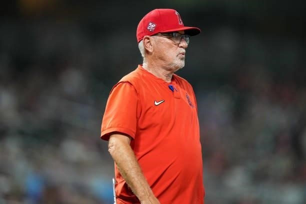 Manager Joe Maddon of the Los Angeles Angels looks on against the Minnesota Twins on July 23, 2021 at Target Field in Minneapolis, Minnesota.