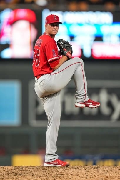 Tony Watson of the Los Angeles Angels pitches against the Minnesota Twins on July 23, 2021 at Target Field in Minneapolis, Minnesota.