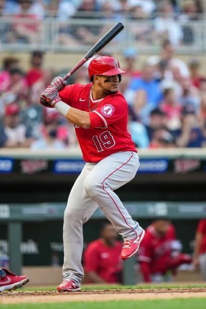 Juan Lagares of the Los Angeles Angels bats against the Minnesota Twins on July 23, 2021 at Target Field in Minneapolis, Minnesota.