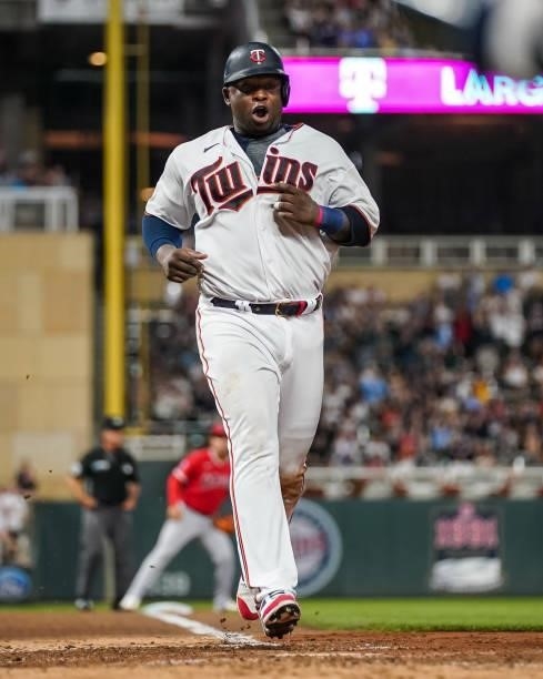 Miguel Sano of the Minnesota Twins runs against the Los Angeles Angels on July 23, 2021 at Target Field in Minneapolis, Minnesota.