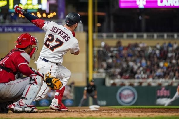 Ryan Jeffers of the Minnesota Twins bats against the Los Angeles Angels on July 23, 2021 at Target Field in Minneapolis, Minnesota.