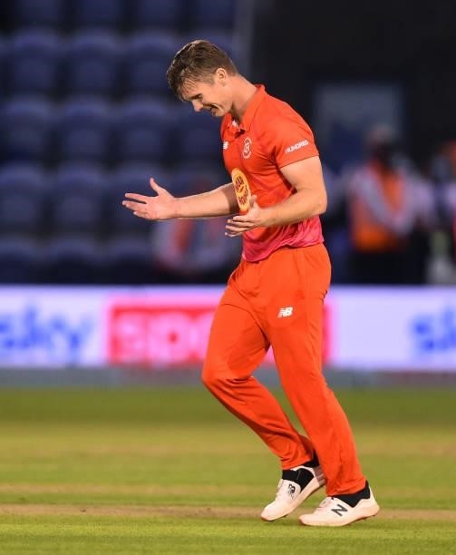 James Neesham of Welsh Fire celebrates after getting Ross Whiteley of Southern Brave out during The Hundred match between Welsh Fire Men and Southern...