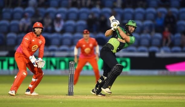 Ross Whiteley of Southern Brave bats during The Hundred match between Welsh Fire Men and Southern Brave Men at Sophia Gardens on July 27, 2021 in...