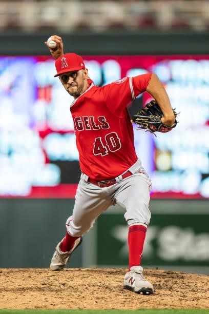 Steve Cishek of the Los Angeles Angels pitches against the Minnesota Twins on July 23, 2021 at Target Field in Minneapolis, Minnesota.