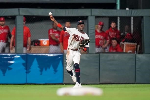 Nick Gordon of the Minnesota Twins throws against the Los Angeles Angels on July 23, 2021 at Target Field in Minneapolis, Minnesota.