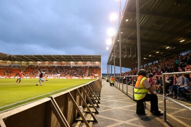 General view inside the stadium as fans watch on during the Pre-Season Friendly match between Blackpool and Burnley at Bloomfield Road on July 27,...