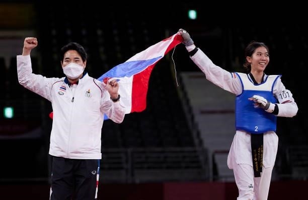 Panipak Wongpattanakit of Team Thailand celebrates after defeating Adriana Cerezo Iglesias of Team Spain during the Women's -49kg Taekwondo Gold...