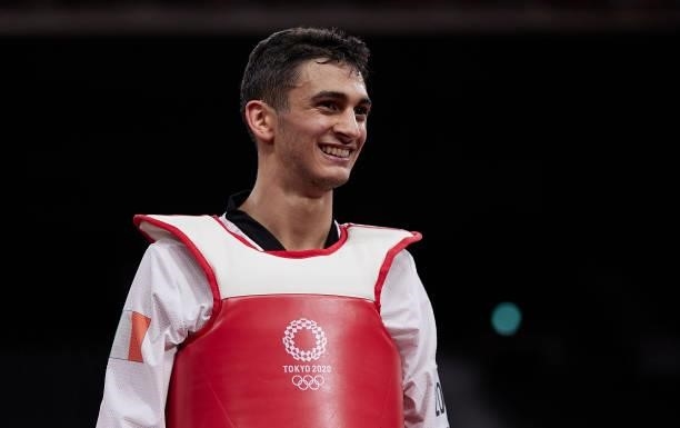Vito Dell'Aquila of Team Italy celebrates after defeating Mohamed Khalil Jendoubi of Team Tunisia during the Men's -58kg Taekwondo Gold Medal contest...