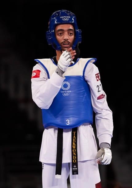 Mohamed Khalil Jendoubi of Team Tunisia looks on during the Men's -58kg Taekwondo Gold Medal contest against Vito Dell'Aquila of Team Italy on day...