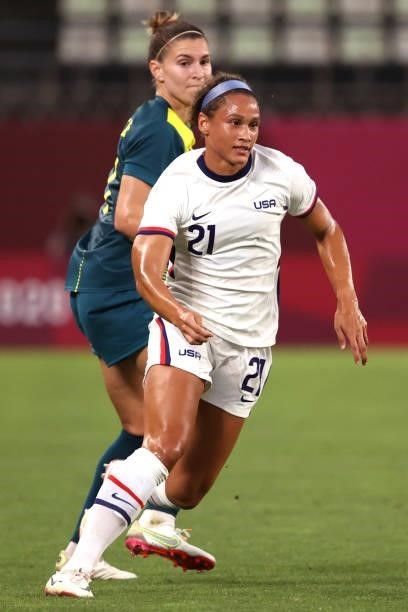 Lynn Williams of Team United States chases the ball during the Women's Football Group G match between United States and Australia on day four of the...