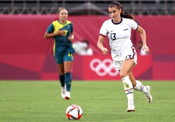 Alex Morgan of Team United States plays against Australia during the Women's Football Group G match on day four of the Tokyo 2020 Olympic Games at...