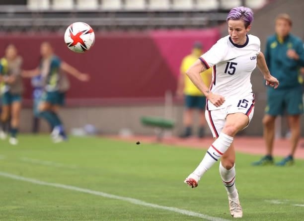 Megan Rapinoe of Team United States kicks the ball against Australia during the Women's Football Group G match on day four of the Tokyo 2020 Olympic...