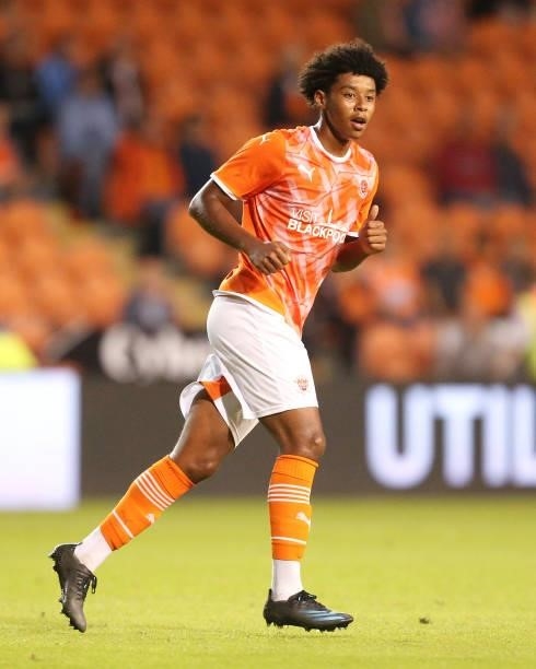 Tayt Trusty of Blackpool in action during the Pre-Season Friendly match between Blackpool and Burnley at Bloomfield Road on July 27, 2021 in...