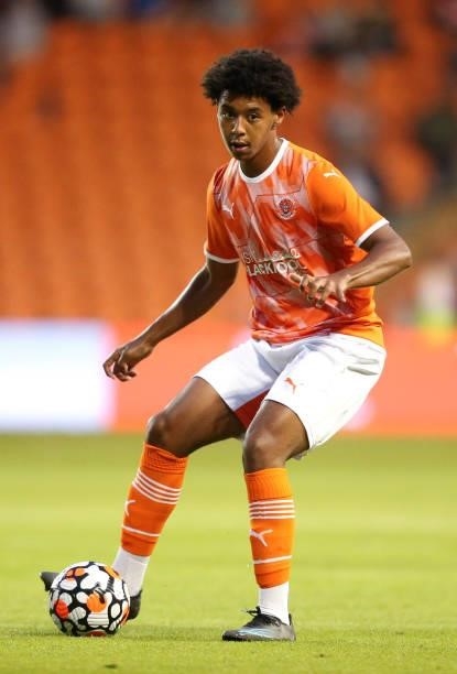 Tayt Trusty of Blackpool makes a pass during the Pre-Season Friendly match between Blackpool and Burnley at Bloomfield Road on July 27, 2021 in...
