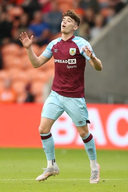 Lewis Richardson of Burnley reacts during the Pre-Season Friendly match between Blackpool and Burnley at Bloomfield Road on July 27, 2021 in...