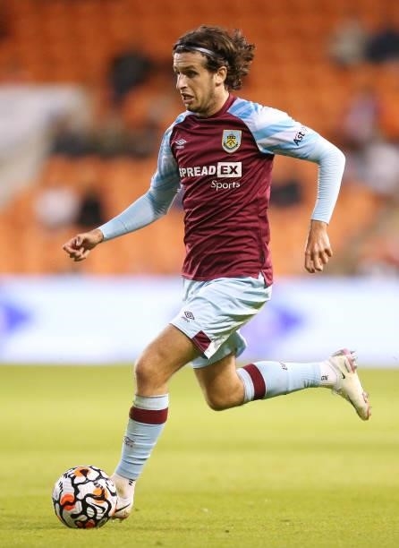 Anthony Glennon of Burnley runs with the ball during the Pre-Season Friendly match between Blackpool and Burnley at Bloomfield Road on July 27, 2021...