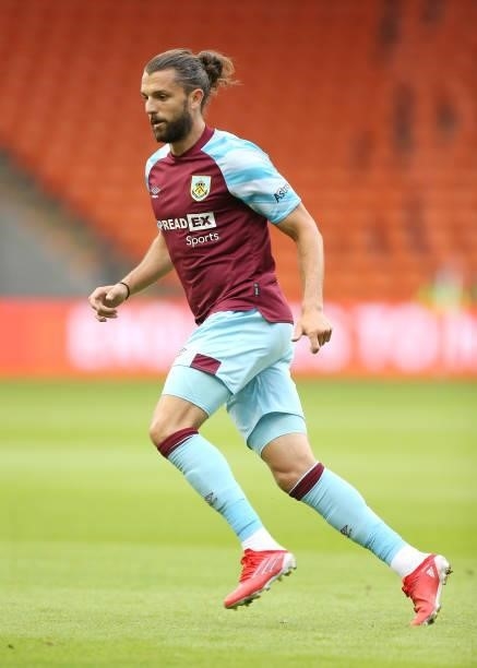Jay Rodriguez of Burnley in action during the Pre-Season Friendly match between Blackpool and Burnley at Bloomfield Road on July 27, 2021 in...
